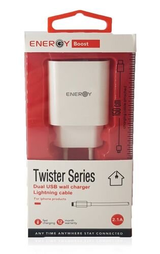 מטען ENERGY TWISTER HOME CHARGER + CABLE IPHONE 2.4A