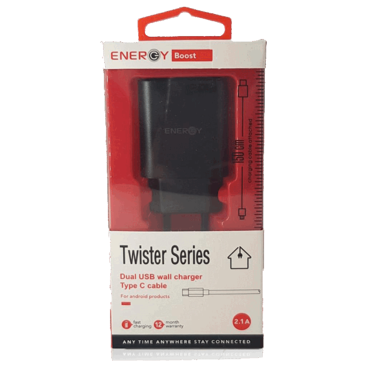 מטען ENERGY TWISTER HOME CHARGER + CABLE TYPE-C 2.4A